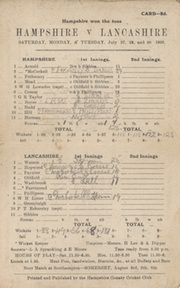 HAMPSHIRE V LANCASHIRE 1935 CRICKET SCORECARD