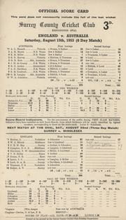 ENGLAND V AUSTRALIA 1953 (OVAL) CRICKET SCORECARD  - ENGLAND RECOVER ASHES