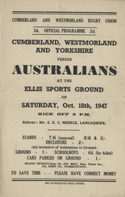 CUMBERLAND, WESTMORLAND AND YORKSHIRE V AUSTRALIA 1947 RUGBY PROGRAMME