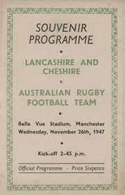 LANCASHIRE AND CHESHIRE V AUSTRALIA 1947 RUGBY PROGRAMME