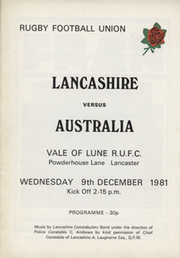 LANCASHIRE V AUSTRALIA 1981 RUGBY PROGRAMME