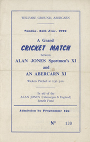 ALAN JONES XI V ABERCARN XI 1972 CRICKET PROGRAMME - ALAN JONES BENEFIT MATCH