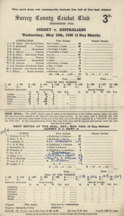 SURREY V AUSTRALIANS 1956 (LAKER 10 WICKETS) CRICKET SCORECARD