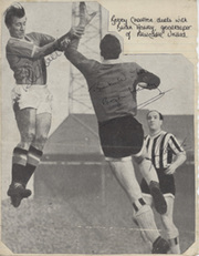 MANCHESTER UNITED V NEWCASTLE UNITED (CHARLTON, HARVEY & SCOULAR) SIGNED MAGAZINE PHOTOGRAPH