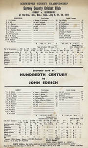 SURREY V DERBYSHIRE 1977 CRICKET SCORECARD - JOHN EDRICH