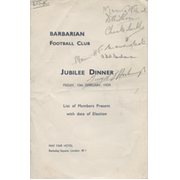 BARBARIANS JUBILEE DINNER 1939 RUGBY MENU CARD