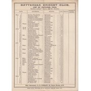BATTERSEA CRICKET CLUB 1909 FIXTURE CARD