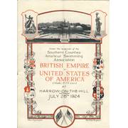 BRITISH EMPIRE V UNITED STATES OF AMERICA 1924 SWIMMING PROGRAMME - INCLUDING JOHNNY WEISMULLER