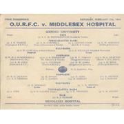 OXFORD UNIVERSITY V MIDDLESEX HOSPITAL 1945 RUGBY PROGRAMME