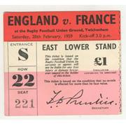 ENGLAND V FRANCE 1959 RUGBY TICKET