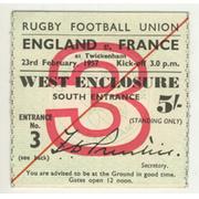 ENGLAND V FRANCE 1957 RUGBY TICKET