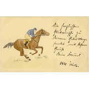 JOCKEY IN BLUE COLOURS ON HORSE (GERMANY)