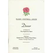 ENGLAND V ARGENTINA 1990 RUGBY MENU