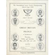 GREAT BRITAIN V FRANCE 1939 (DAVIS CUP) TENNIS PROGRAMME