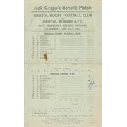 BRISTOL RUGBY FC V BRISTOL ROVERS 1951 CRICKET SCORECARD (JACK CRAPP
