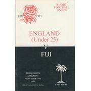 ENGLAND (UNDER 25) V FIJI 1970 RUGBY PROGRAMME