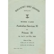 PRINCES XI V AUSTRALIAN SERVICES XI (DELHI) 1945 CRICKET SCORECARD