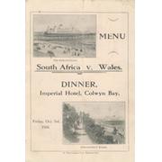 WALES V SOUTH AFRICA 1924 DINNER MENU - SOUTH AFRICA