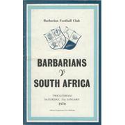BARBARIANS V SOUTH AFRICA 1970 RUGBY PROGRAMME (+ DINNER MENU)
