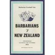 BARBARIANS V NEW ZEALAND 1974 RUGBY UNON PROGRAMME