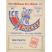 STREATHAM V HARRINGAY RACERS 1950-51 ICE HOCKEY PROGRAMME