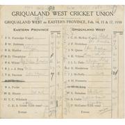GRIQUALAND WEST V EASTERN PROVINCE 1930 CRICKET SCORECARD - BALASKAS 11 WICKETS AND A CENTURY