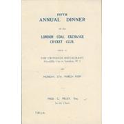 LONDON COAL EXCHANGE CRICKET CLUB 1939 ANNUAL DINNER MENU