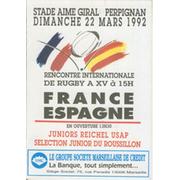 FRANCE XV V SPAIN 1992 RUGBY PROGRAMME