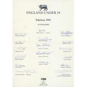 ENGLAND UNDER 19 1992 SIGNED CRICKET TEAM SHEET