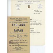ENGLAND V JAPAN 1965 TABLE TENNIS MATCH HANDBILL