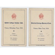 BALLIOL COLLEGE HOCKEY CLUB FIXTURE CARDS 1923 & 1924 - THE PROPERTY OF HENRY BROOKE