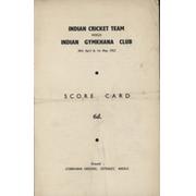 INDIA V INDIAN GYMKHANA CLUB 1952 CRICKET SCORECARD - OPENING MATCH OF TOUR