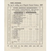LINCOLNSHIRE V STAFFORDSHIRE 1926 CRICKET SCORECARD - INCL. S.F. BARNES