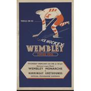 WEMBLEY MONARCHS V HARRINGAY GREYHOUNDS 1947-48 ICE HOCKEY PROGRAMME