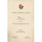 ENGLAND V AUSTRALIA 1958 RUGBY DINNER MENU