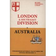 LONDON & SOUTH EAST DIVISION V AUSTRALIA 1988 RUGBY UNION PROGRAMME