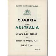 CUMBRIA V AUSTRALIA 1978 RUGBY LEAGUE PROGRAMME