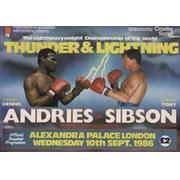 DENNIS ANDRIES V TONY SIBSON (WORLD LIGHT-HEAVYWEIGHT TITLE) 1986 BOXING PROGRAMME