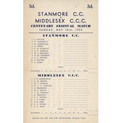 STANMORE C.C. V MIDDLESEX C.C.C. 1953 CRICKET SCORECARD