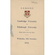 CAMBRIDGE UNIVERSITY V EDINBURGH UNIVERSITY 1931 SIGNED RUGBY UNION MENU