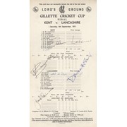 KENT V LANCASHIRE 1971 (GILLETTE CUP FINAL) SIGNED CRICKET SCORECARD