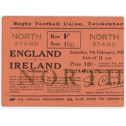 ENGLAND V IRELAND 1929 RUGBY UNION TICKET 