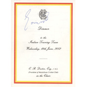 INDIAN CRICKET TOUR TO ENGLAND 2002 SIGNED DINNER MENU