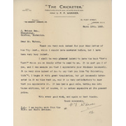PLUM WARNER (MIDDLESEX & ENGLAND) 1923 CRICKET LETTER 