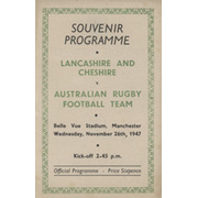 LANCASHIRE AND CHESHIRE V AUSTRALIA 1947 RUGBY PROGRAMME