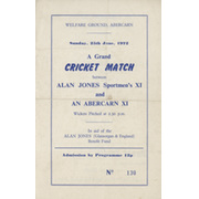ALAN JONES XI V ABERCARN XI 1972 CRICKET PROGRAMME - ALAN JONES BENEFIT MATCH