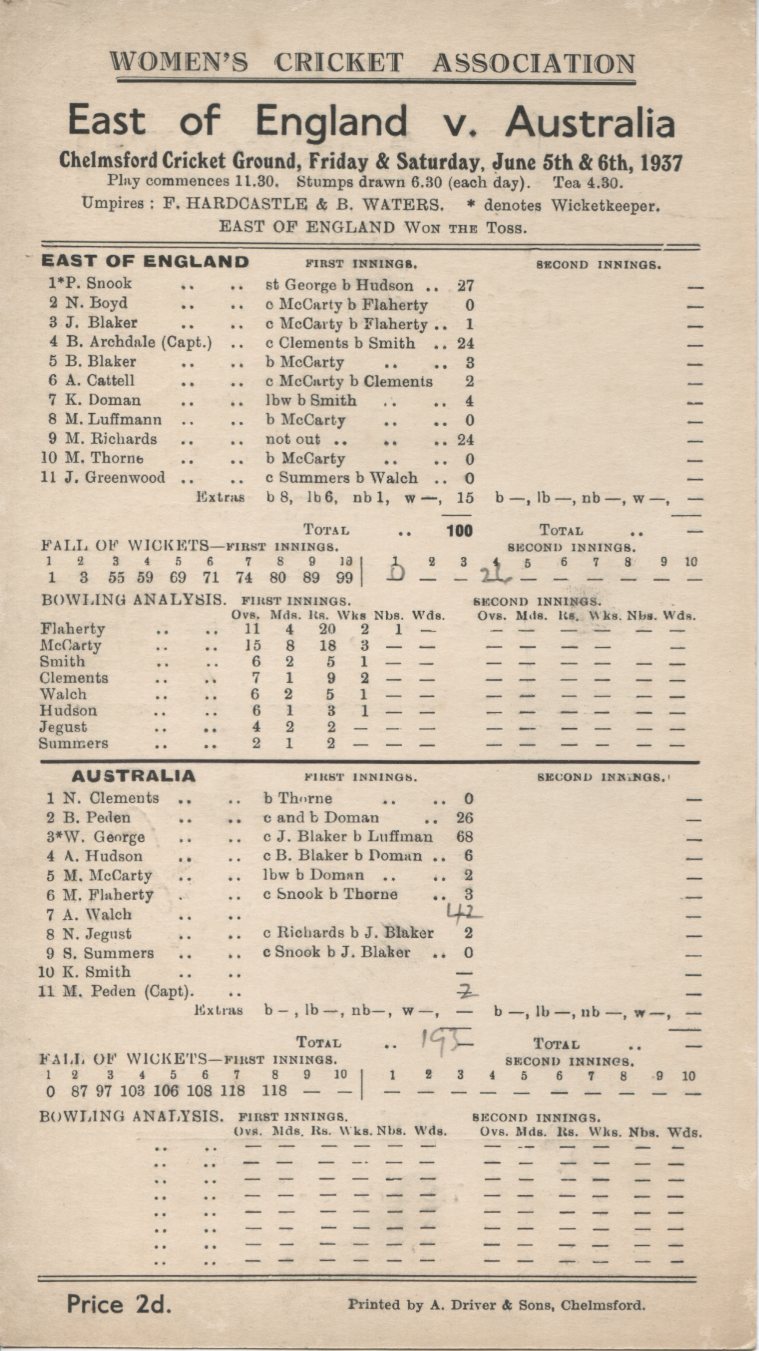 EAST OF ENGLAND V AUSTRALIA 1937 (WOMEN'S CRICKET)