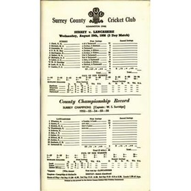 SURREY V LANCASHIRE 1956 (ON SILK) CRICKET SCORECARD - SURREY CONFIRMED AS CHAMPIONS
