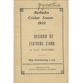 BARBADOS CRICKET SEASON 1932 (2ND XI FIXTURE CARD)