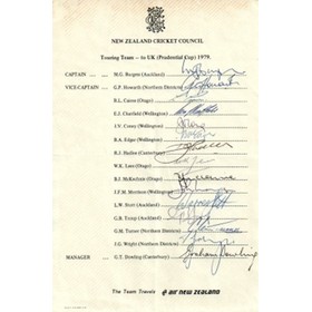 NEW ZEALAND IN CRICKET WORLD CUP 1979 (OFFICIAL SIGNED TEAM SHEET)